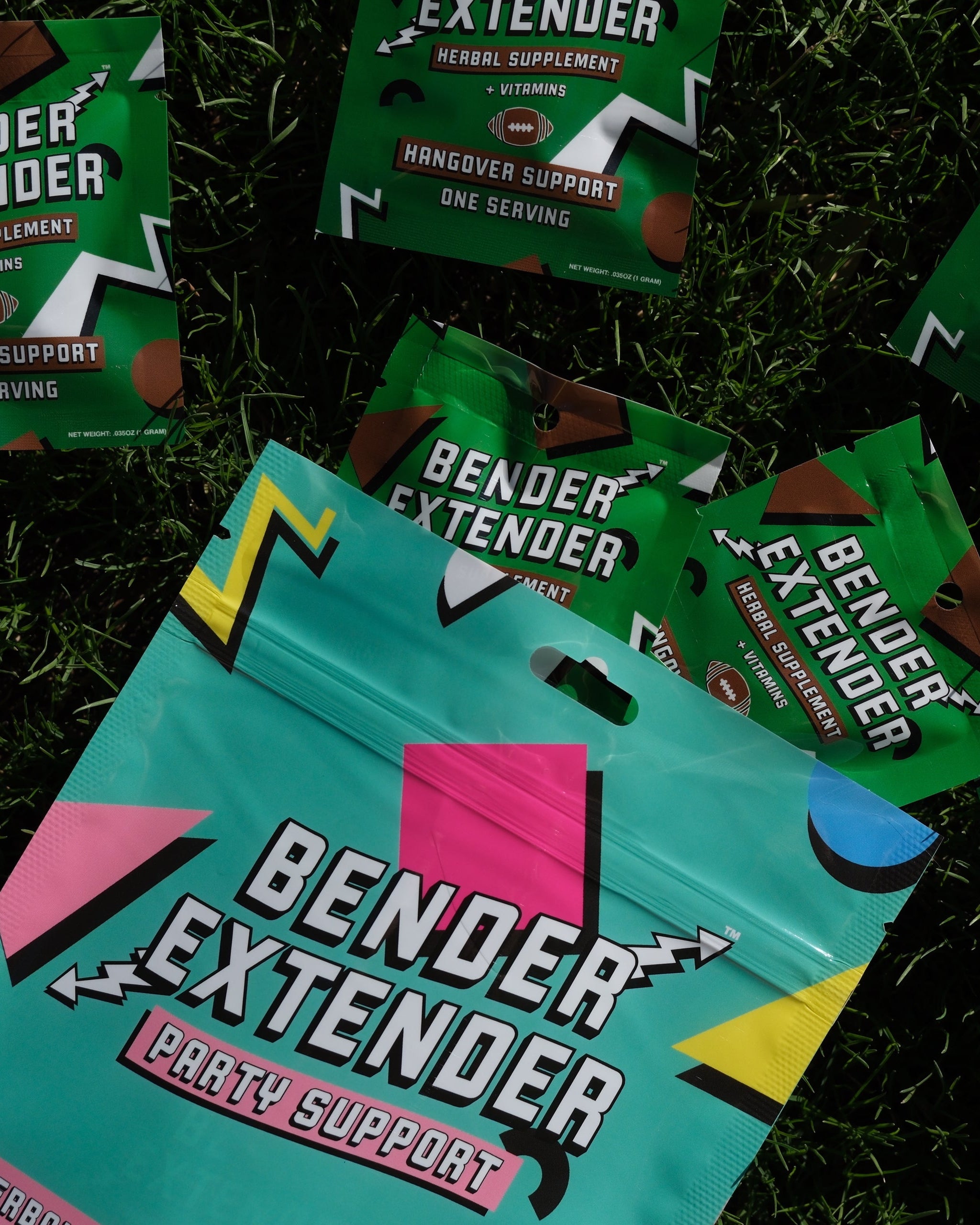Bender Extender party support and hangover support packages on grass