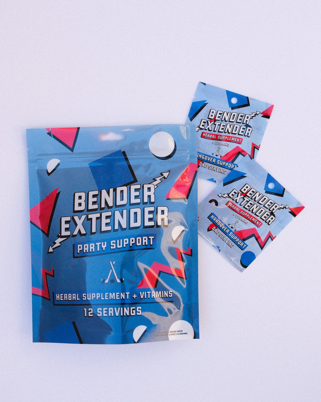 Bender Extender party support supplement packages on a white background