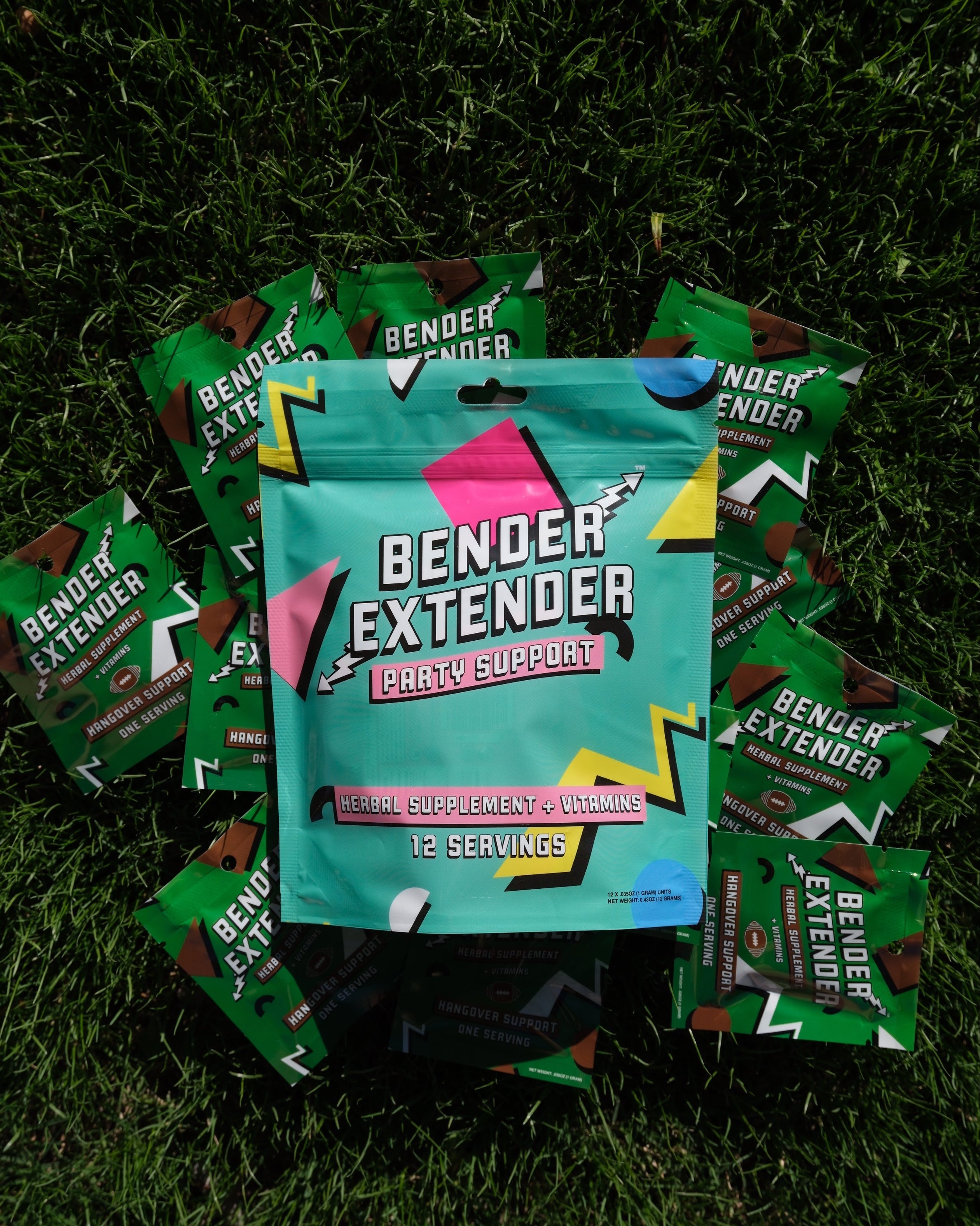 Bender Extender packets on a grassy background